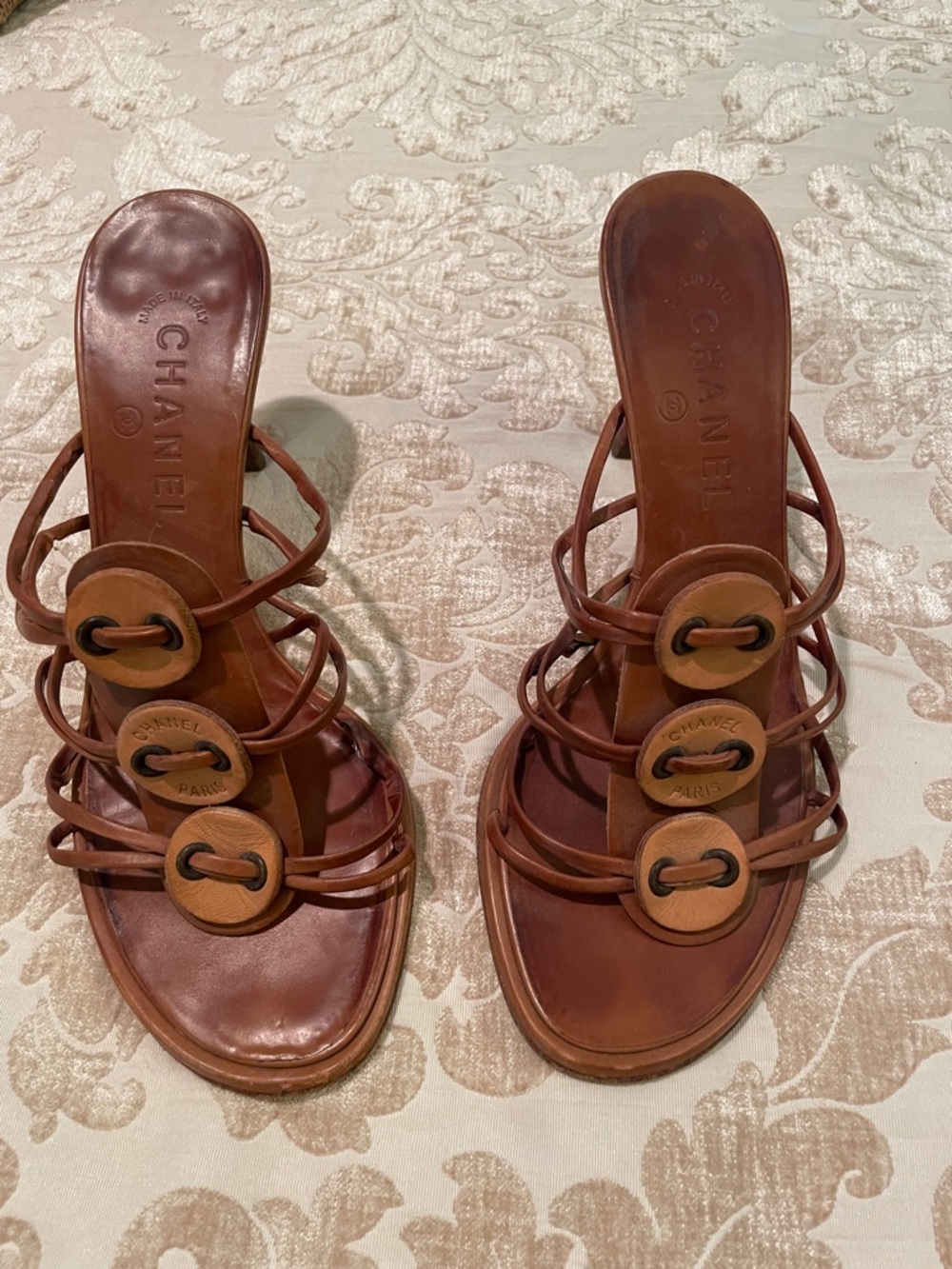 CHANEL Brown Leather Strappy Slide Heels with Decorative Buttons
